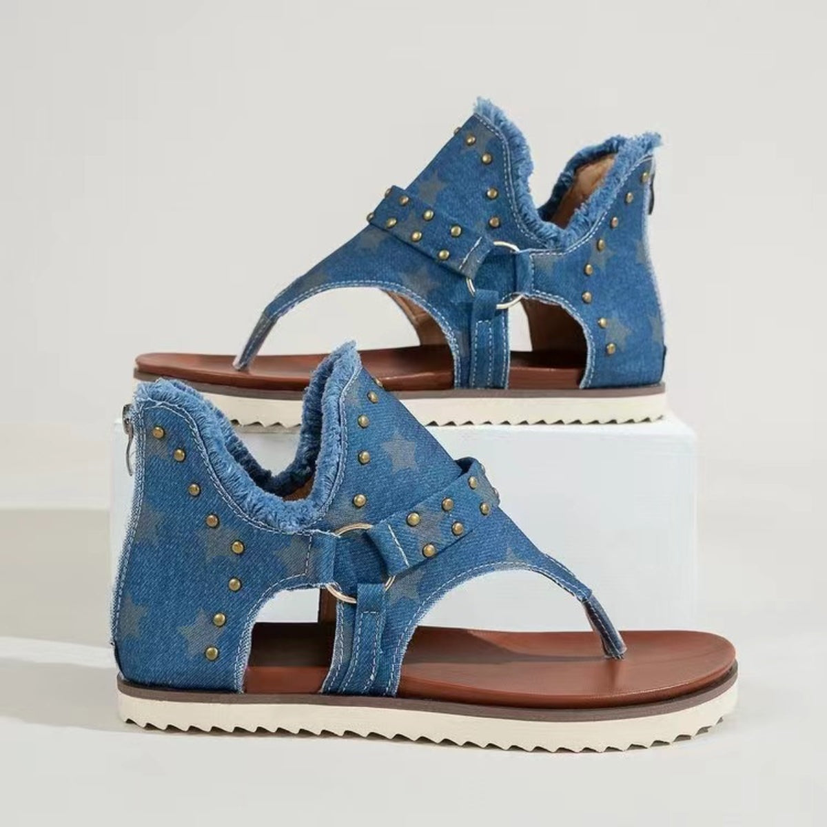 Studded Raw Hem Flat Sandals-Teresa&#39;s Fashionista LLC