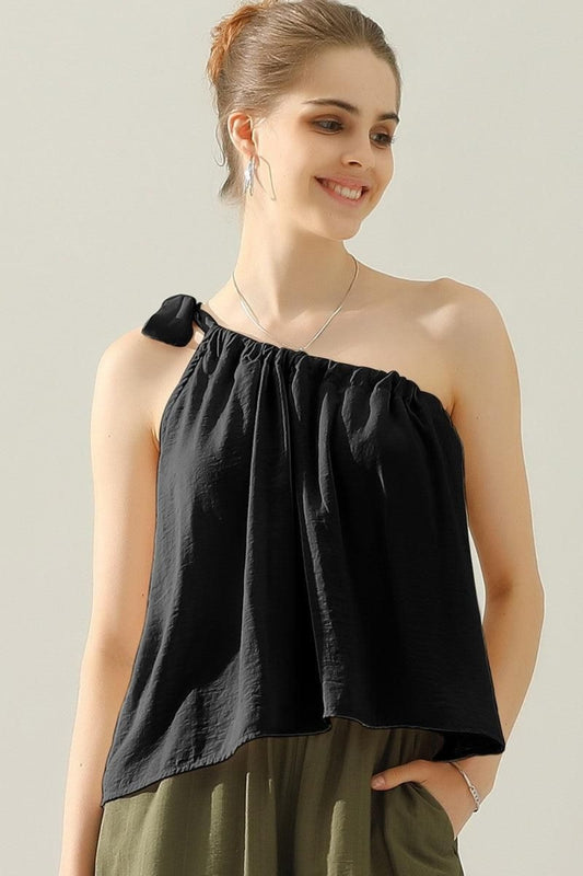 Ninexis One Shoulder Bow Tie Strap Satin Silk Top-Teresa&#39;s Fashionista LLC