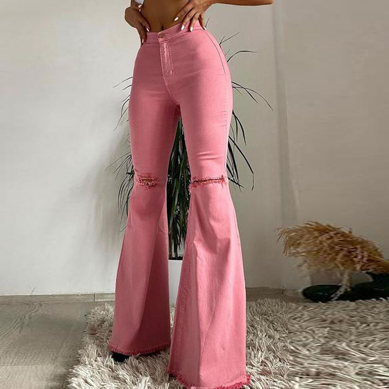 Colored Stretch Denim Trousers With Ripped Frayed Flared Trousers-Teresa&#39;s Fashionista LLC