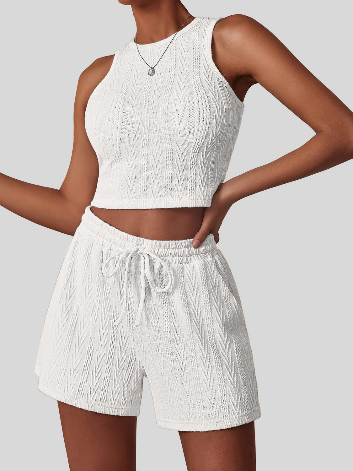 Textured Round Neck Top and Shorts Set-Teresa&#39;s Fashionista LLC