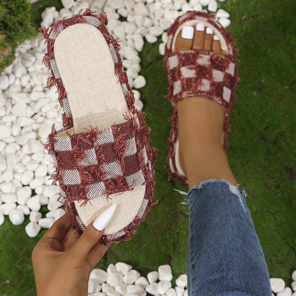 Fringe Checkered Platform Sandals-Teresa&#39;s Fashionista LLC