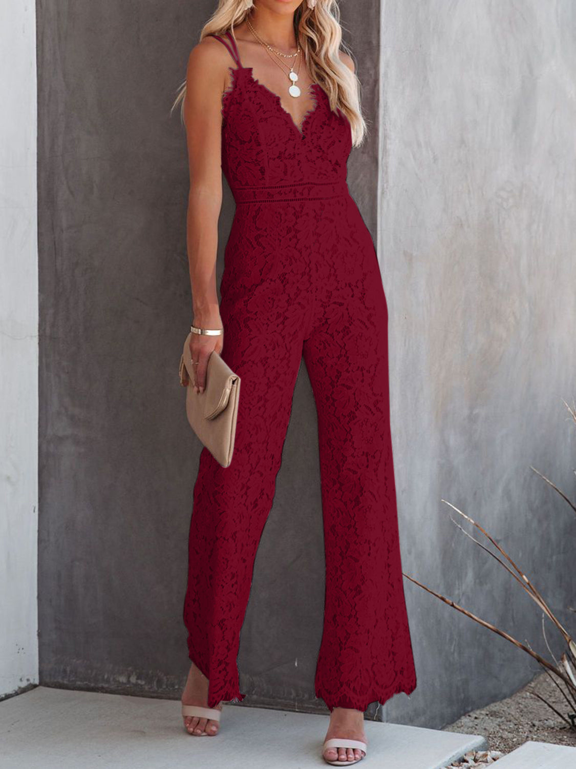 Lace V-Neck Spaghetti Strap Jumpsuit-Teresa&#39;s Fashionista LLC