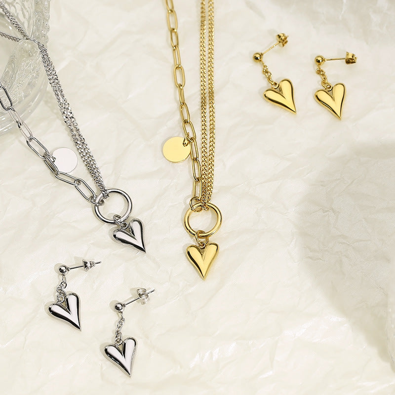 Titanium Steel Heart Necklace and Drop Earrings Jewelry Set-Teresa&#39;s Fashionista LLC