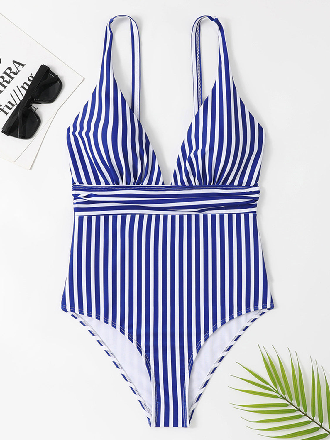 Striped Plunge Sleeveless One-Piece Swimwear-Teresa&#39;s Fashionista LLC