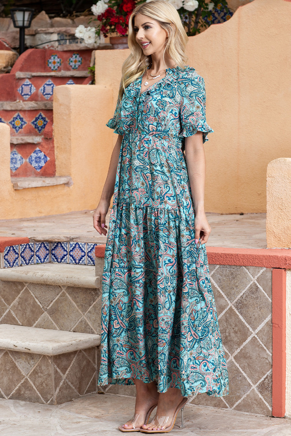 Paisley Print Flounce Sleeve Maxi Dress-Teresa&#39;s Fashionista LLC