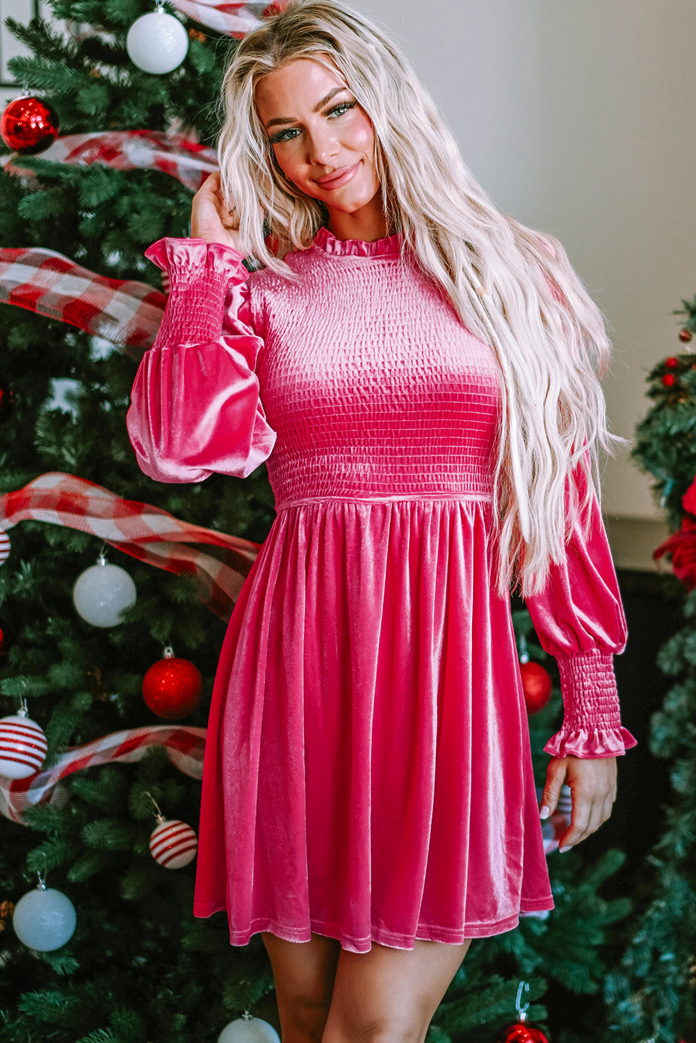 Rose Frilled Neck Smocked Bodice Velvet Dress-Teresa&#39;s Fashionista LLC