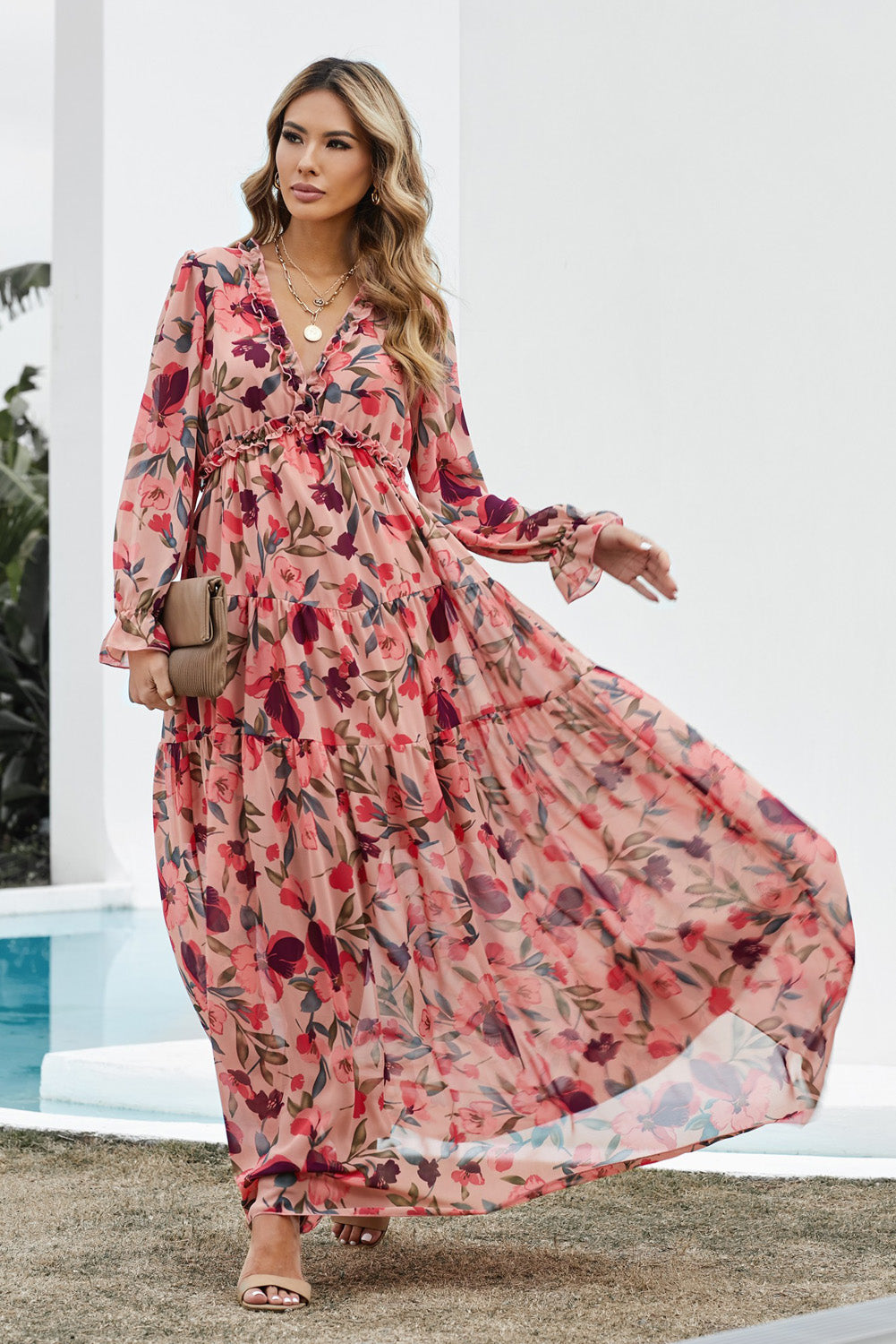 Floral Frill Trim Flounce Sleeve Plunge Maxi Dress-Teresa&#39;s Fashionista LLC