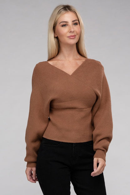 Viscose Cross Wrap Pullover Sweater-Teresa&#39;s Fashionista LLC