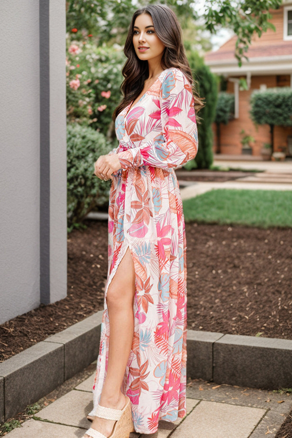 Plus Size V-Neck Printed Slit Dress-Teresa&#39;s Fashionista LLC