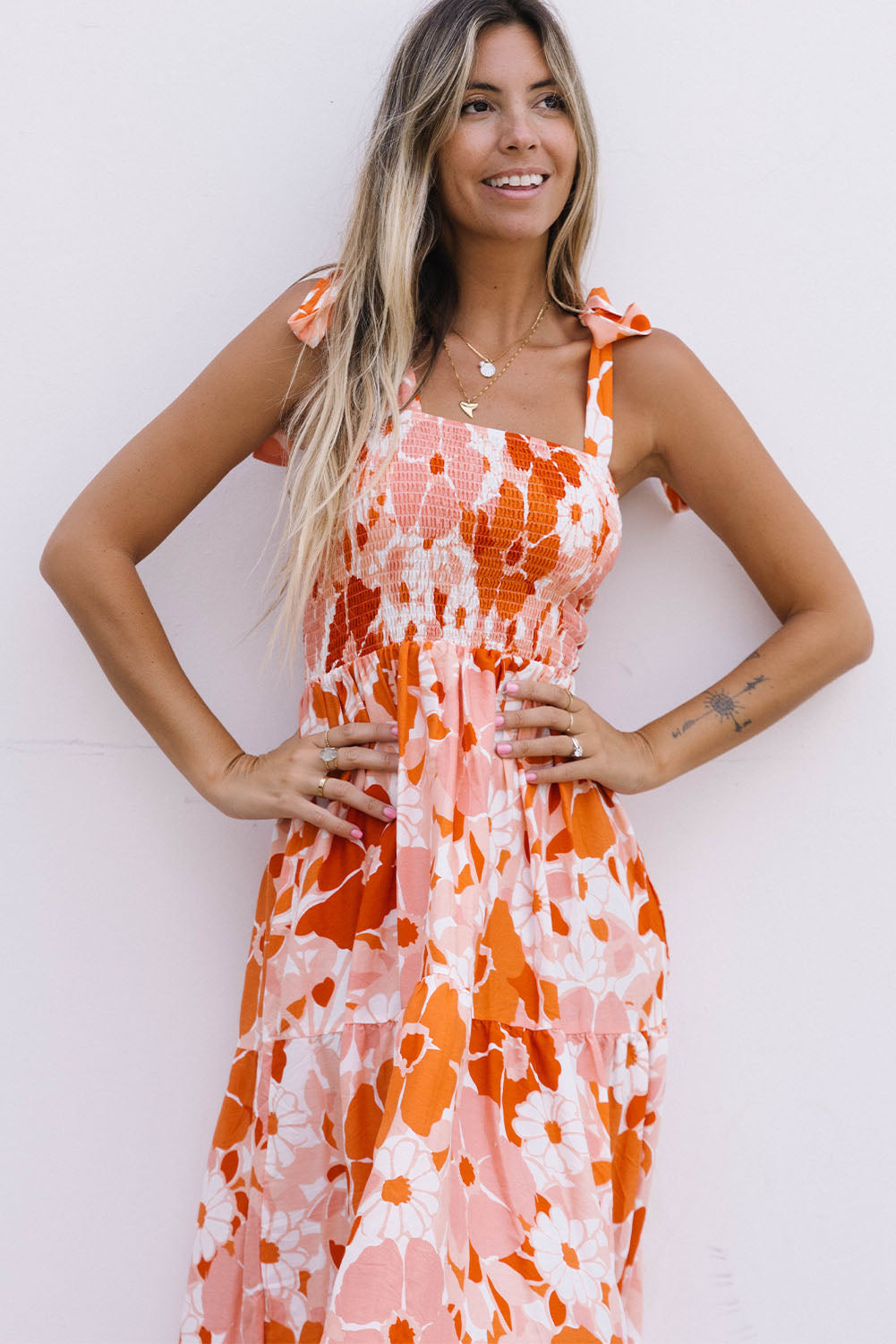 Floral Tie-Shoulder Smocked Maxi Dress-Teresa&#39;s Fashionista LLC