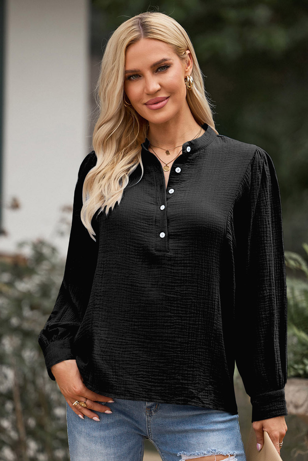 Half Button Puff Sleeve Blouse-Teresa&#39;s Fashionista LLC