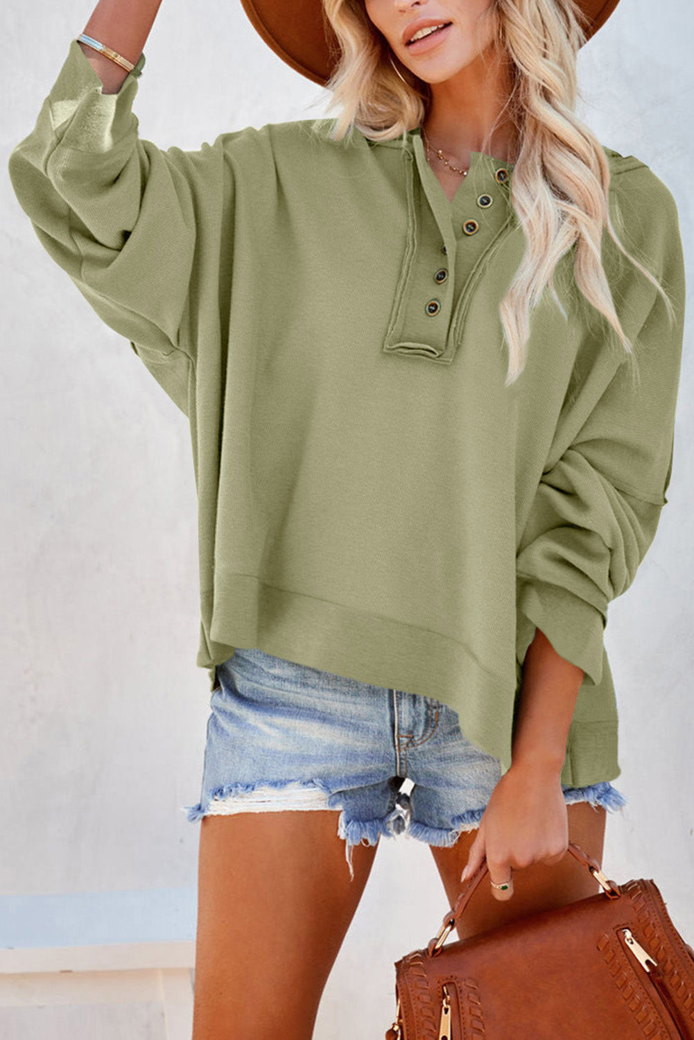 Quarter-Button Exposed Seam Dropped Shoulder Hoodie-Teresa&#39;s Fashionista LLC