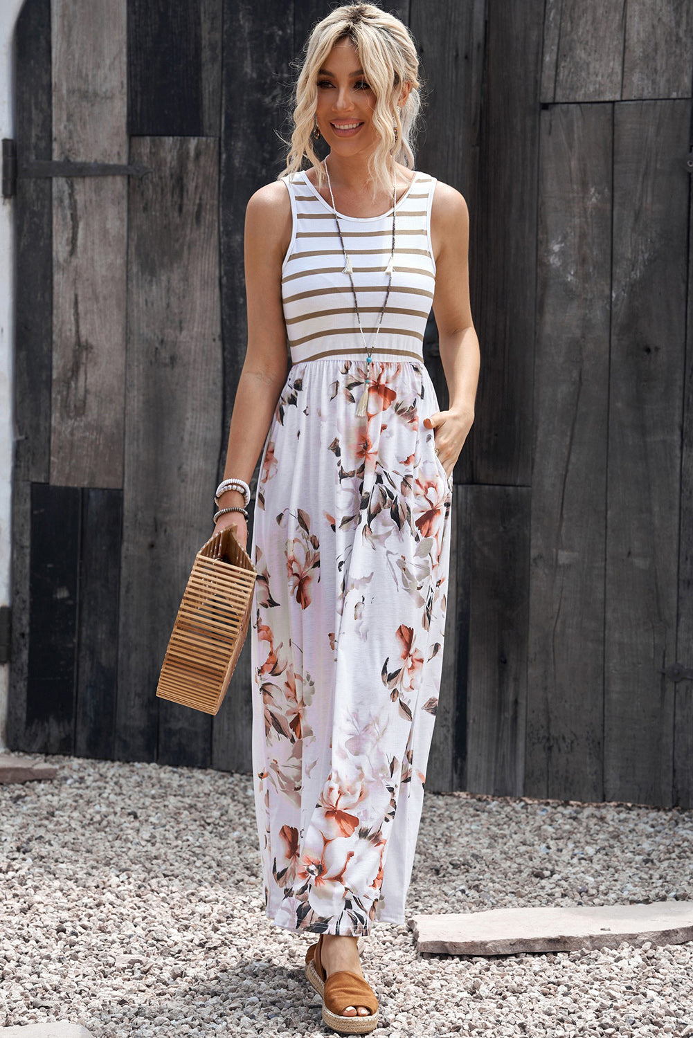 Striped Floral Round Neck Sleeveless Maxi Dress-Teresa&#39;s Fashionista LLC