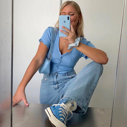 V Neck Ruffles Short Sleeve T Shirt Women Summer Casual Button Crop Top Basic Blue T Shirt Tops-Teresa&#39;s Fashionista LLC