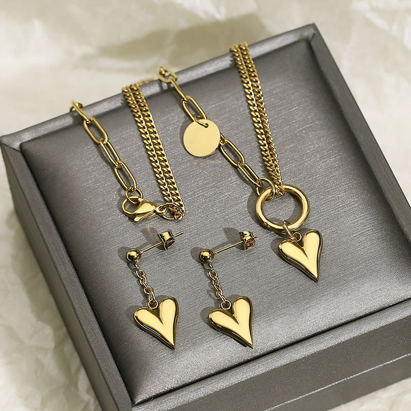 Titanium Steel Heart Necklace and Drop Earrings Jewelry Set-Teresa&#39;s Fashionista LLC