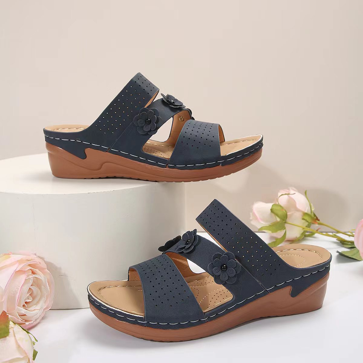 Flower PU Leather Wedge Sandals-Teresa&#39;s Fashionista LLC