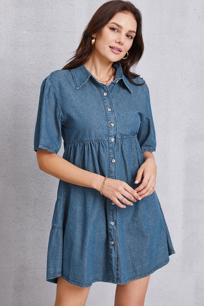 Button Up Collared Neck Tiered Denim Dress-Teresa&#39;s Fashionista LLC