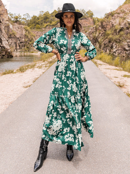 Printed Notched Neck Maxi Dress-Teresa&#39;s Fashionista LLC