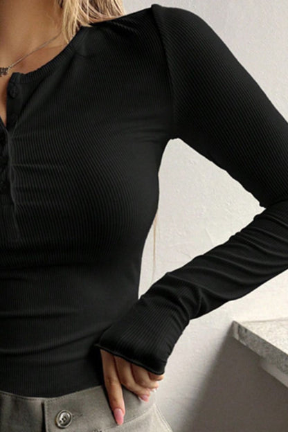 Half Button Long Sleeve T-Shirt-Teresa&#39;s Fashionista LLC