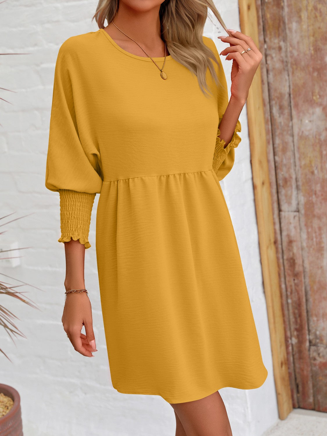 Round Neck Lantern Sleeve Mini Dress-Teresa&#39;s Fashionista LLC