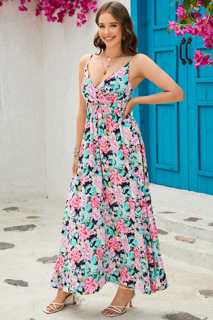 Floral Spaghetti Strap Surplice Neck Maxi Dress-Teresa&#39;s Fashionista LLC