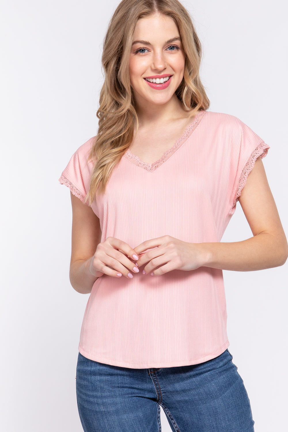 ACTIVE BASIC Lace Trim V-Neck Short Sleeve Ribbed Top-Teresa&#39;s Fashionista LLC