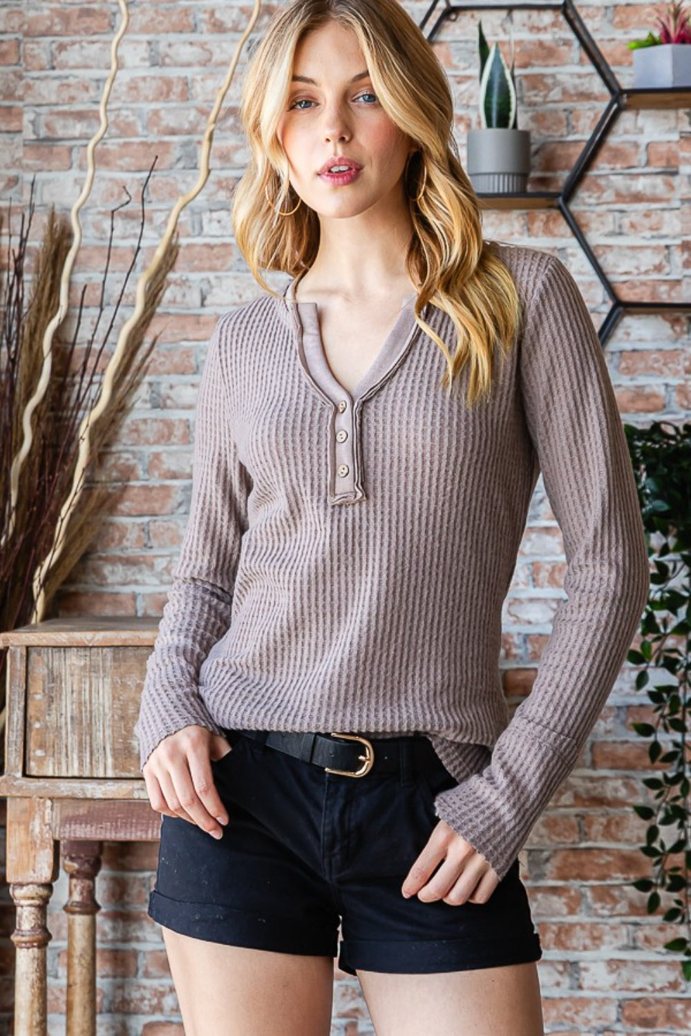 Reborn J Waffle Knit Notched Long Sleeve Top-Teresa&#39;s Fashionista LLC