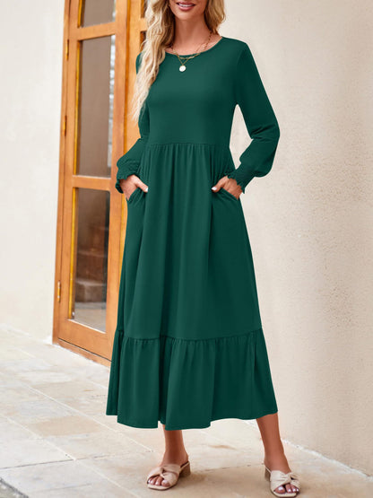 Round Neck Lantern Sleeve Ruffle Hem Dress-Teresa&#39;s Fashionista LLC