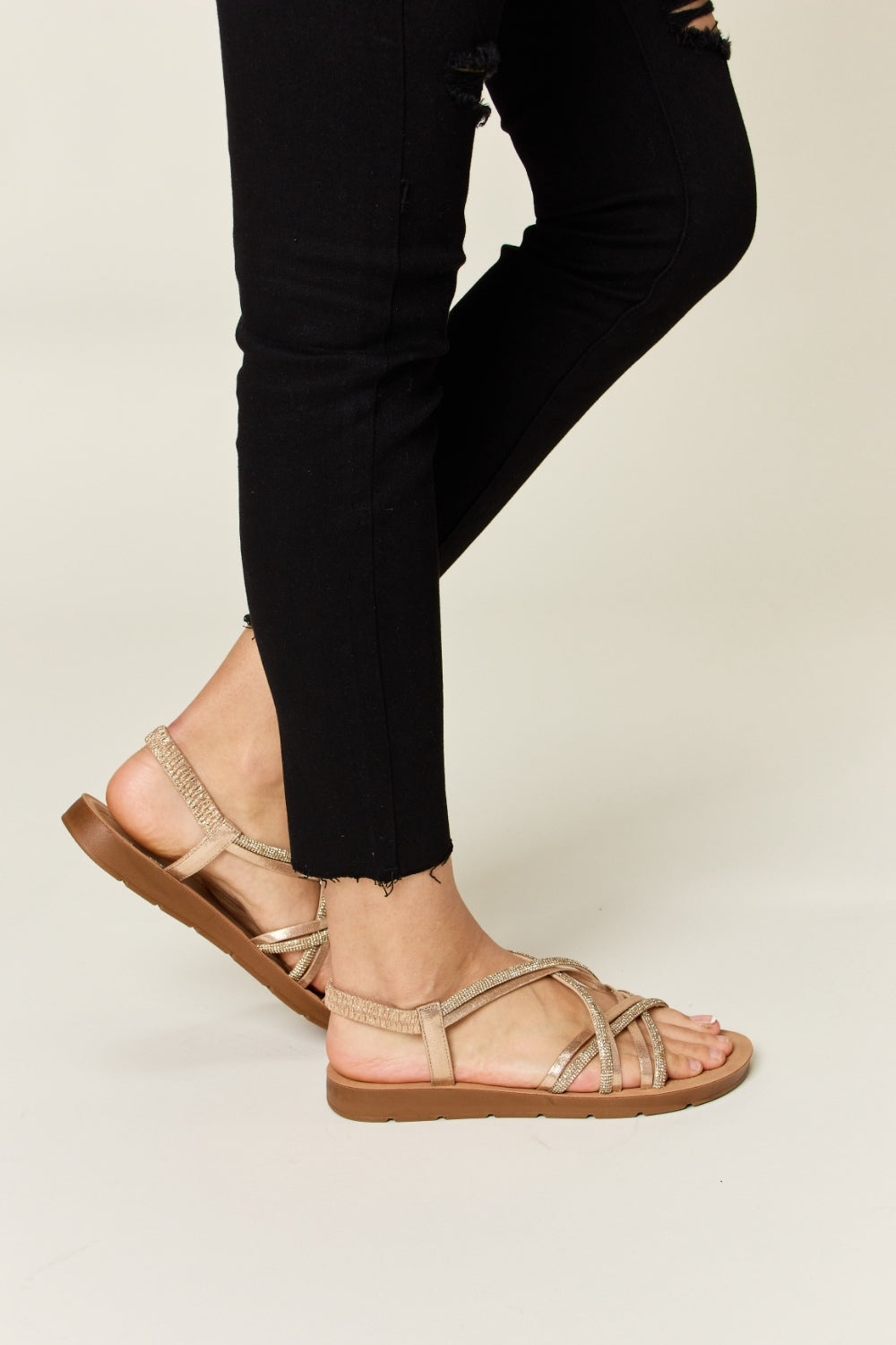 Forever Link Rhinestone Crisscross Flat Sandals-Teresa&#39;s Fashionista LLC