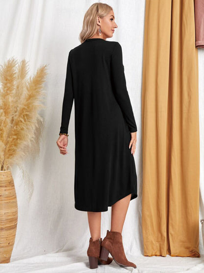 Pocketed Round Neck Long Sleeve Tee Dress-Teresa&#39;s Fashionista LLC