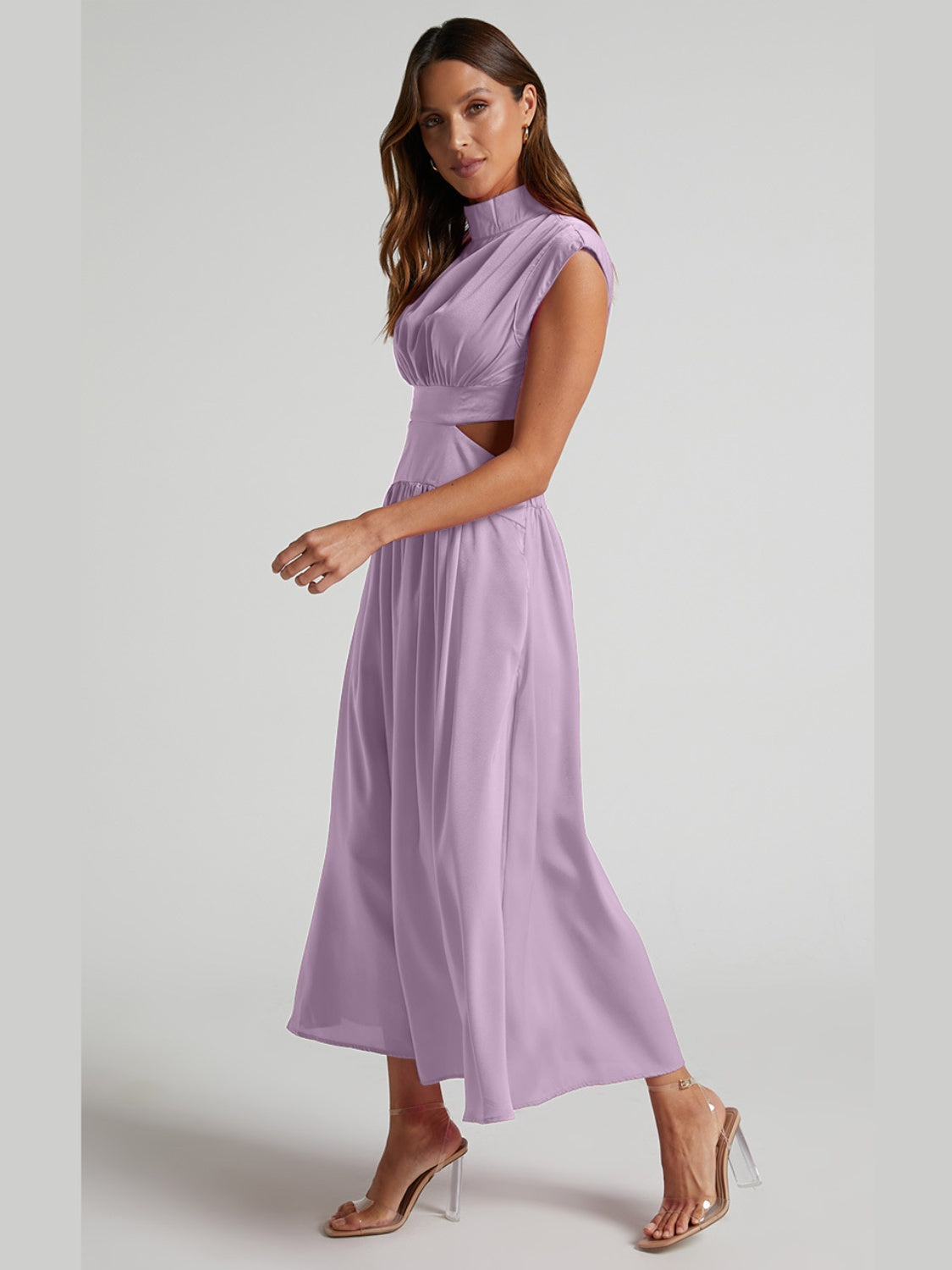 Cutout Mock Neck Sleeveless Ruched Dress-Teresa&#39;s Fashionista LLC