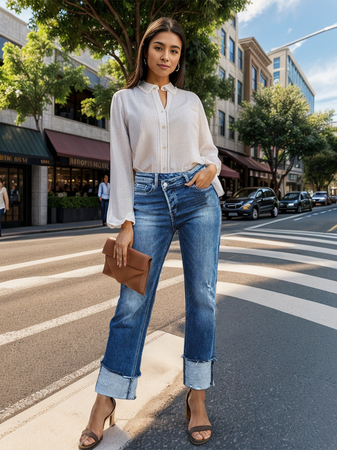 Stepped Waist Raw Hem Rolled Straight Jeans-Teresa&#39;s Fashionista LLC