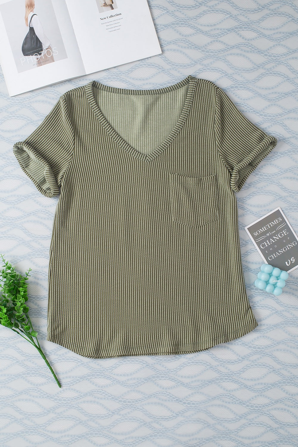 Striped V-Neck Short Sleeve T-Shirt-Teresa&#39;s Fashionista LLC