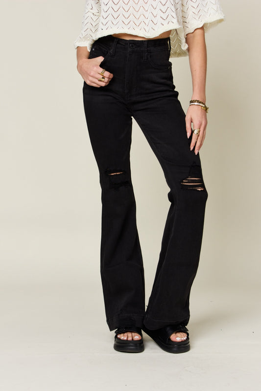 Judy Blue Full Size High Waist Distressed Flare Jeans-Teresa&#39;s Fashionista LLC