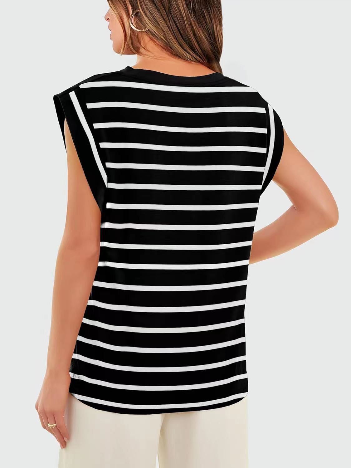 Striped Round Neck Cap Sleeve T-Shirt-Teresa&#39;s Fashionista LLC