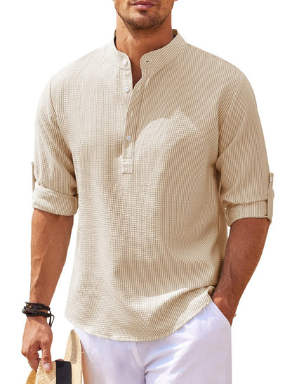 Men's Casual Shirt Long Sleeve Stand Collar Solid Color Shirt Mens Clothing-Teresa&#39;s Fashionista LLC