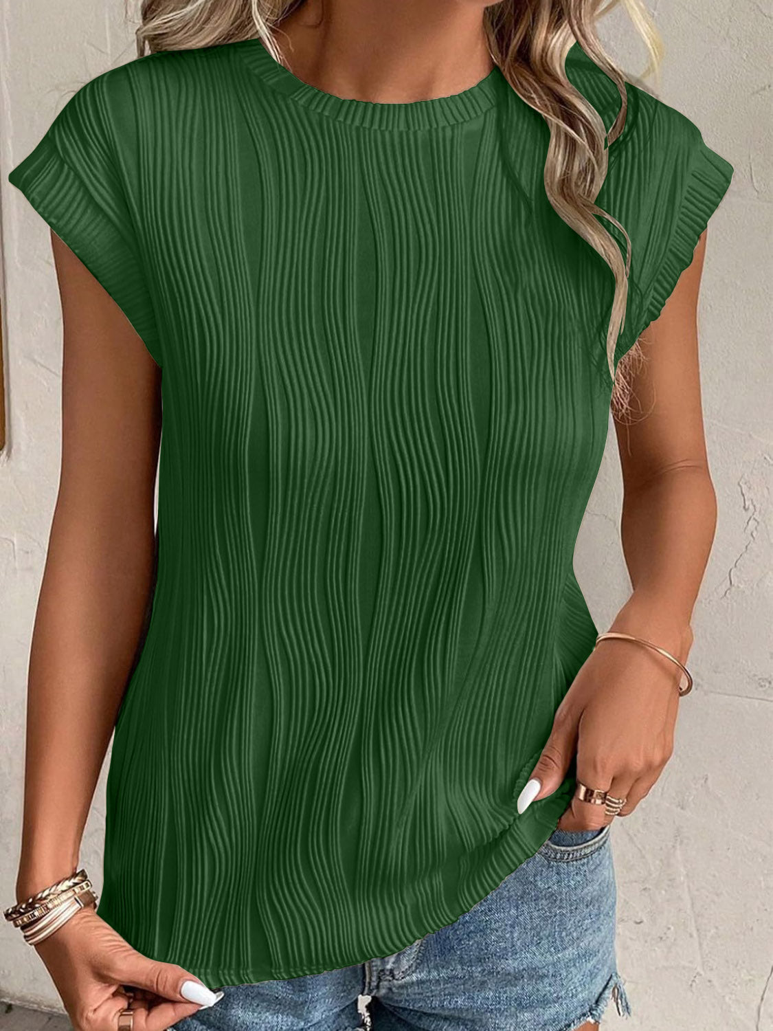 Textured Round Neck Cap Sleeve T-Shirt-Teresa&#39;s Fashionista LLC