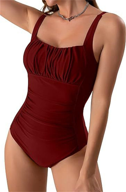 Sexy Square Neck One-piece Bikini Summer New Solid Color Pleated Design Swimsuit Beach Vacation Womens Clothing-Teresa&#39;s Fashionista LLC