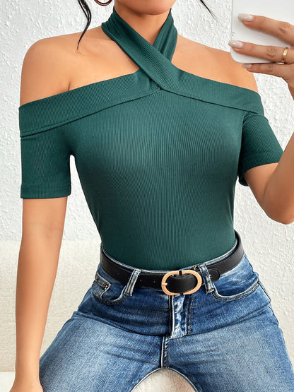 Halter Neck Short Sleeve T-Shirt-Teresa&#39;s Fashionista LLC