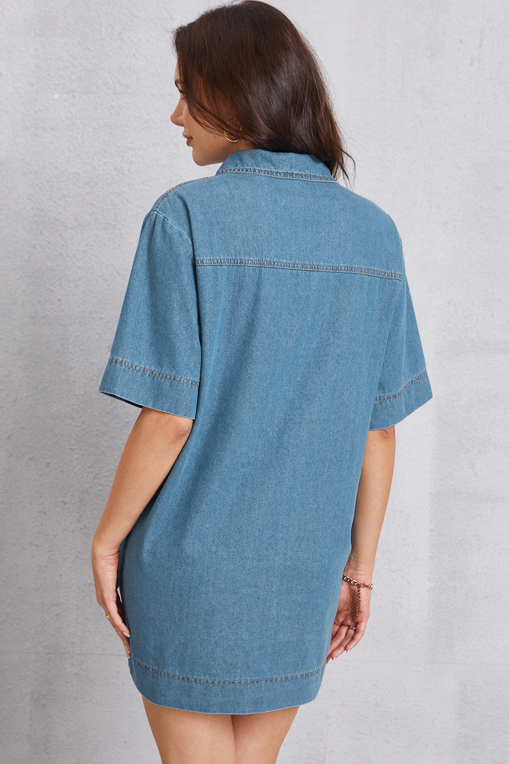 Pocketed Collared Neck Mini Denim Dress-Teresa&#39;s Fashionista LLC