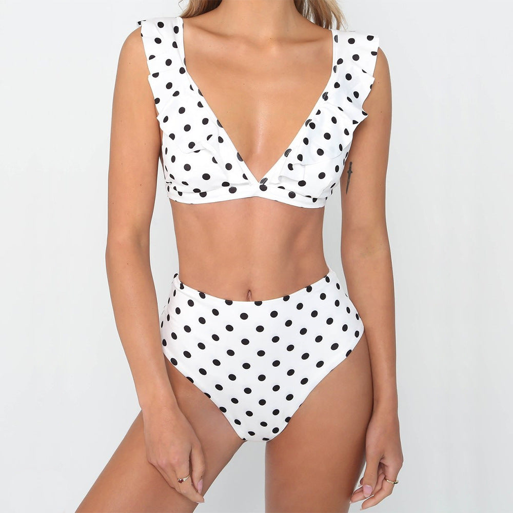 2pcs Black And White Polka Dot Print Swimsuit Sexy Ruffled Deep V-neck Bikini Set Summer Beach Womens Clothing-Teresa&#39;s Fashionista LLC