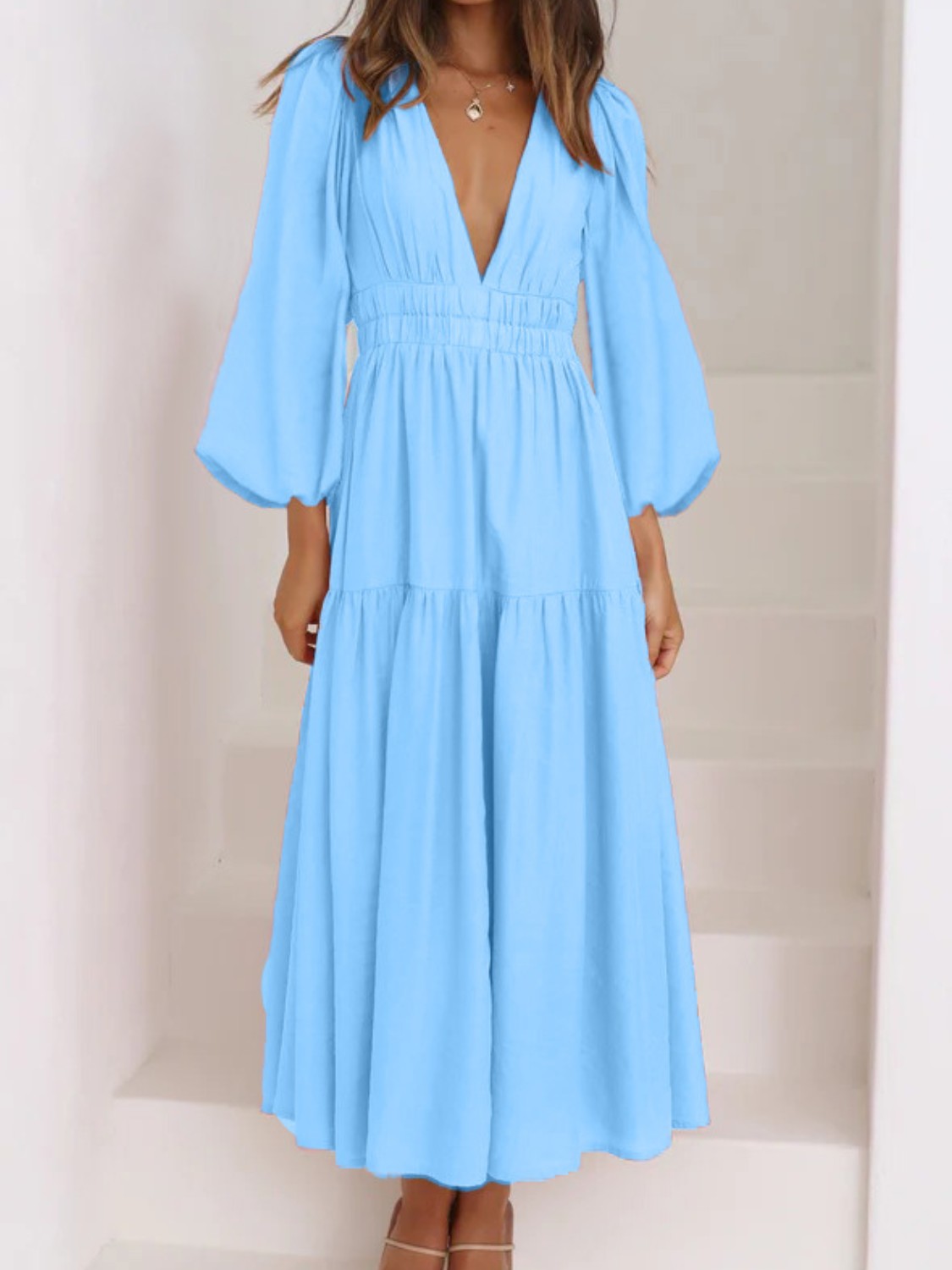 Deep V-Neck Balloon Sleeve Plain Maxi Dress-Teresa&#39;s Fashionista LLC