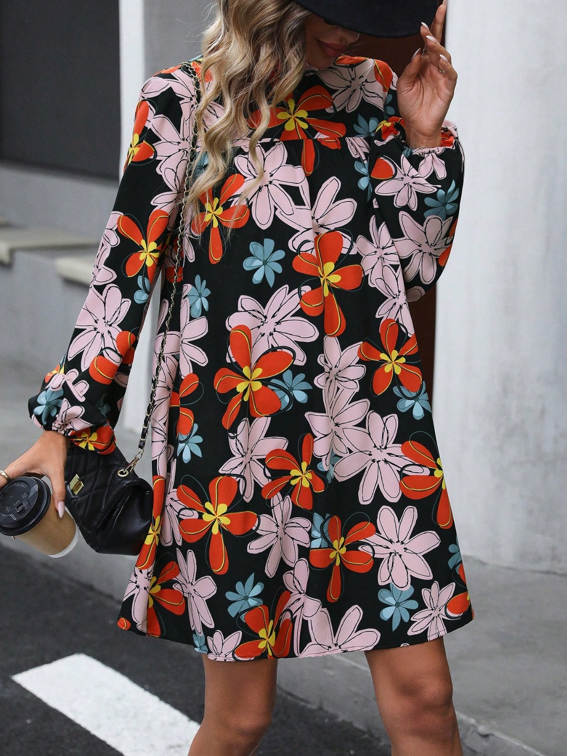 Floral Mock Neck Balloon Sleeve Dress-Teresa&#39;s Fashionista LLC