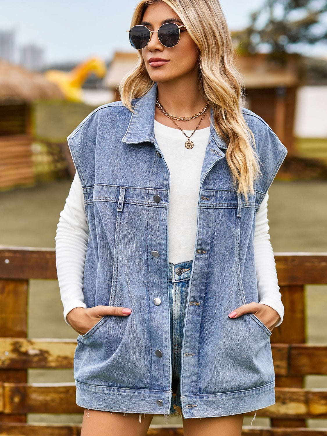 Button Up Collared Neck Sleeveless Denim Jacket-Teresa&#39;s Fashionista LLC