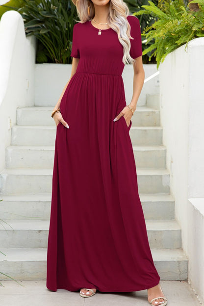 Round Neck Maxi Tee Dress with Pockets-Teresa&#39;s Fashionista LLC