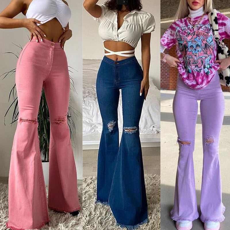 Colored Stretch Denim Trousers With Ripped Frayed Flared Trousers-Teresa&#39;s Fashionista LLC