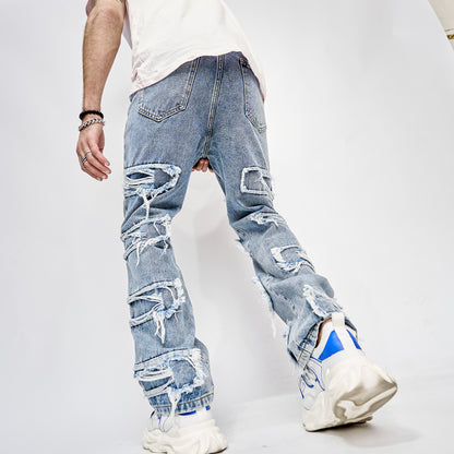 High Street Trousers Man's Pants Full Length Patched Straight Fit Men's Hip Hop Jeans-Teresa&#39;s Fashionista LLC