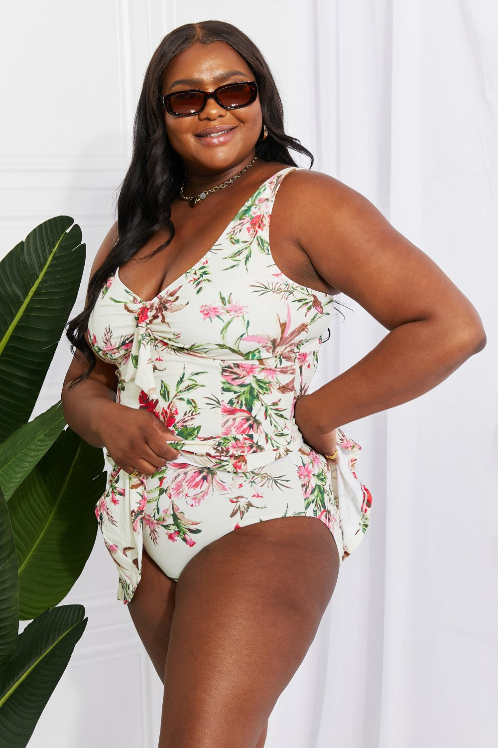 Marina West Swim Full Size Sail With Me V-Neck Swim Dress in Cream-Teresa&#39;s Fashionista LLC