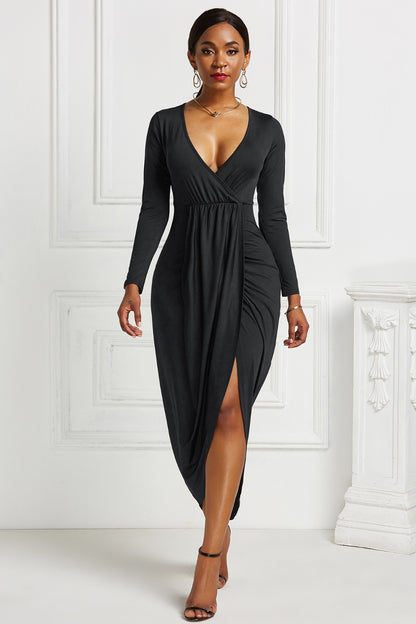 High-low Ruched Surplice Long Sleeve Dress-Teresa&#39;s Fashionista LLC