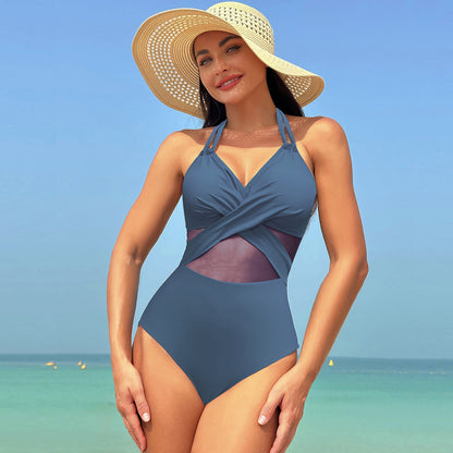 Halter-neck One-piece Swimsuit Summer Solid Color Cross-strap Design Mesh Bikini Beach Vacation Womens Clothing-Teresa&#39;s Fashionista LLC